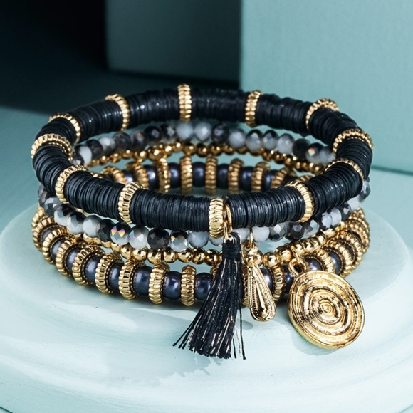 DDDonkey Jewelry - Beaded Bracelet Set w Black Tassel & Gold Tone Metal Pendant & Accents